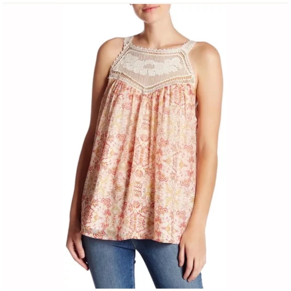 JOIE Bayard Crocheted Lace Trim Silk Chiffon Tank